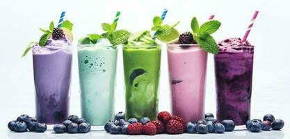 ai généré nombreuses les boissons avec violet baies, menthe et bleu smoothie sur une blanc Contexte photo