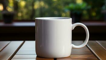 ai généré en bois café tasse sur table avec Frais chaud boisson généré par ai photo