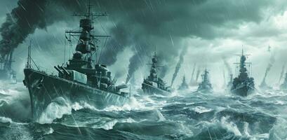 ai généré beaucoup navires sont dans le l'eau sur une orageux journée photo