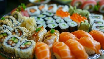 ai généré une assiette plein de Sushi arrangé dans une façon à costume le différent goûts photo