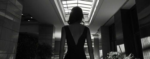 ai généré une femme dans une foncé robe en marchant par une hall à la recherche à le puits de lumière photo