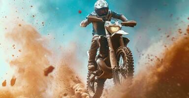 ai généré une motocross cavalier soufflant air tandis que Faire cascades dans le air photo