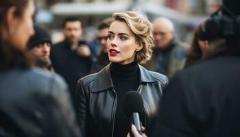 ai généré une femme Parlant avec journalistes dans le rue photo