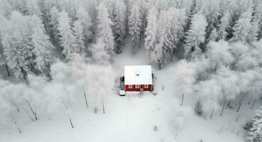 ai généré aérien vue de une rouge maison dans hiver forêt photo