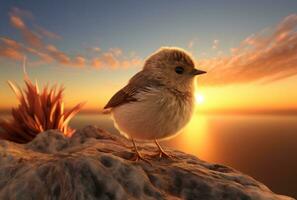 ai généré mignonne minuscule oiseau permanent sur le Roche à le fin de le coucher du soleil oiseau photo