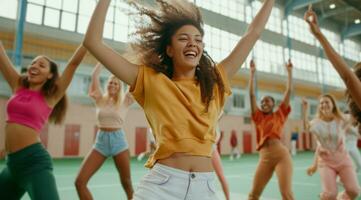 ai généré une groupe de femmes Danse dans une des sports complexe photo