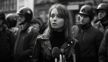 ai généré une fille pourparlers à journalistes tandis que permanent dans le rue photo