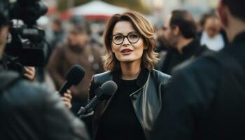 ai généré une femme Parlant avec journalistes dans le rue photo