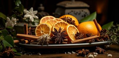 ai généré une plateau avec des oranges, cannelle et étoiles photo