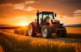 ai généré un Orange tracteur est conduite par une champ à le coucher du soleil photo