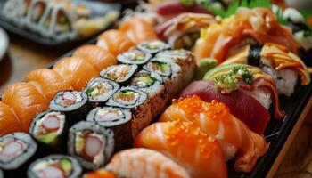 ai généré Sushi plat plein de divers sortes de nourriture photo