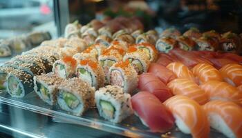 ai généré Sushi plat plein de divers sortes de nourriture photo