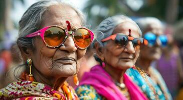 ai généré nombreuses plus âgée femmes portant coloré des lunettes de soleil et des lunettes de soleil photo
