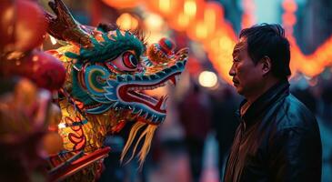 ai généré une homme des stands suivant à une coloré dragon à célébrer le Nouveau année photo