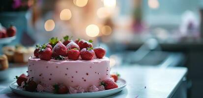 ai généré une rose gâteau avec petit des fraises séance sur une blanc table photo