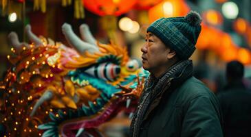 ai généré une homme des stands suivant à une coloré dragon à célébrer le Nouveau année photo