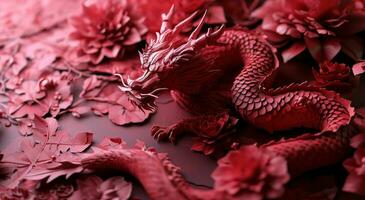 ai généré une rouge dragon art impression est sur le Contexte de une rouge à motifs rouge Contexte photo