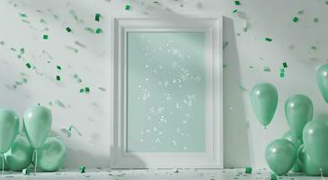 ai généré une blanc Cadre sur le mur dans de face de vert et blanc feux d'artifice et confettis photo