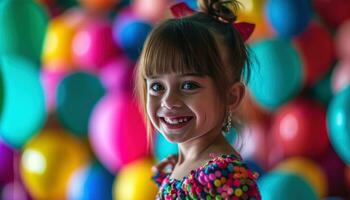 ai généré une peu fille montrant de sa couleurs tandis que souriant avec des ballons derrière sa photo
