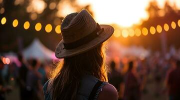 ai généré une femme chapeau surplombe le foule à une Festival photo