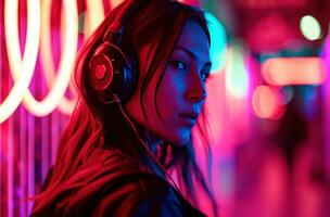 ai généré une femme dans écouteurs est dans de face de coloré lumières photo