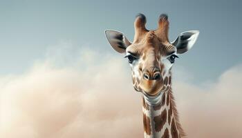 ai généré mignonne girafe permanent dans le herbe, à la recherche à le caméra généré par ai photo