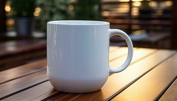 ai généré une Frais café tasse sur une en bois table dans lumière du soleil généré par ai photo