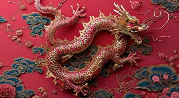 ai généré un chinois dragon est montré sur une rouge Contexte photo