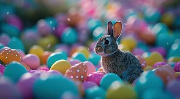 ai généré une petit lapin entouré par coloré des œufs photo