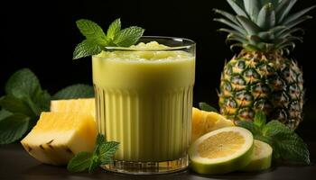 ai généré fraîcheur et douceur dans une verre menthe feuille, ananas, citron généré par ai photo