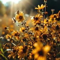 ai généré les abeilles rassemblement fleurs dans le ensoleillement photo