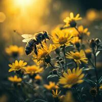 ai généré abeille collecte nectar de Jaune fleurs photo