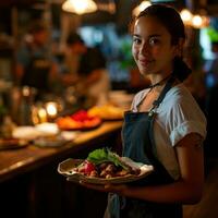 ai généré une Jeune serveuse détient une assiette plein de nourriture comme elle porte mécènes à leur table photo