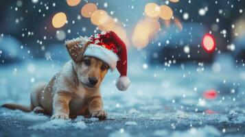 ai généré charmant chiot dans une Noël chapeau, peu profond profondeur de champ photo