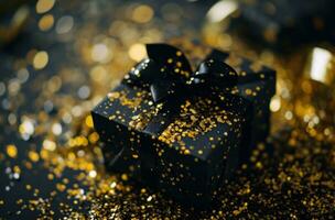 ai généré noir boîte avec or ruban et or confettis photo