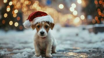 ai généré charmant chiot dans une Noël chapeau, peu profond profondeur de champ photo