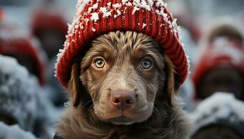 ai généré mignonne chien dans hiver, séance en plein air, à la recherche à caméra généré par ai photo