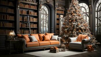 ai généré confortable vivant pièce avec moderne Noël décor et illuminé arbre généré par ai photo