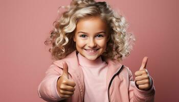 ai généré souriant, joyeux, mignonne fille avec blond frisé cheveux, à la recherche à caméra généré par ai photo