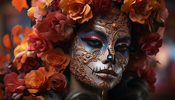 ai généré Jeune femme avec une fleur masque dégage élégance et sensualité généré par ai photo