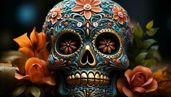 ai généré journée de le mort fête coloré crânes et fleurs généré par ai photo