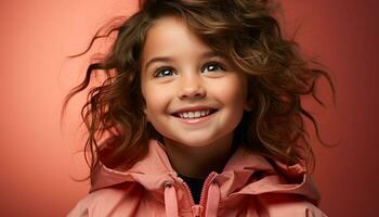 ai généré souriant fille avec frisé cheveux rayonne joie et innocence généré par ai photo