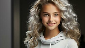 ai généré magnifique femme avec longue frisé blond cheveux souriant à caméra généré par ai photo