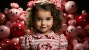 ai généré souriant enfant avec frisé cheveux détient une mignonne anniversaire cadeau généré par ai photo