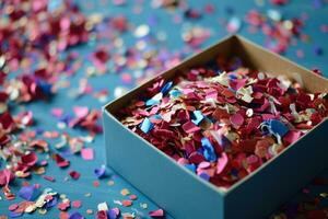 ai généré anniversaire confettis dans une boîte avec une boîte sur une bleu table photo