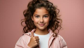 ai généré mignonne fille avec frisé cheveux souriant, à la recherche à caméra généré par ai photo