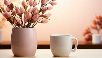 ai généré Frais fleurs dans une vase sur une en bois table à l'intérieur généré par ai photo