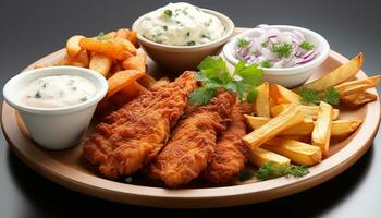 ai généré grillé Viande, frites, salade, et tremper sur une assiette généré par ai photo