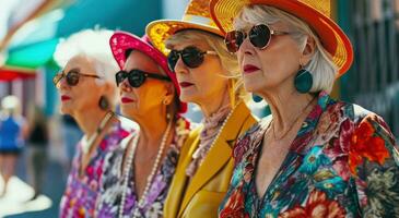 ai généré quatre femmes sur le rue portant coloré Vêtements et des lunettes de soleil photo