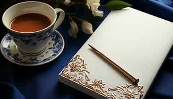 ai généré en bois bureau avec livre, café tasse, et Célibataire fleur généré par ai photo